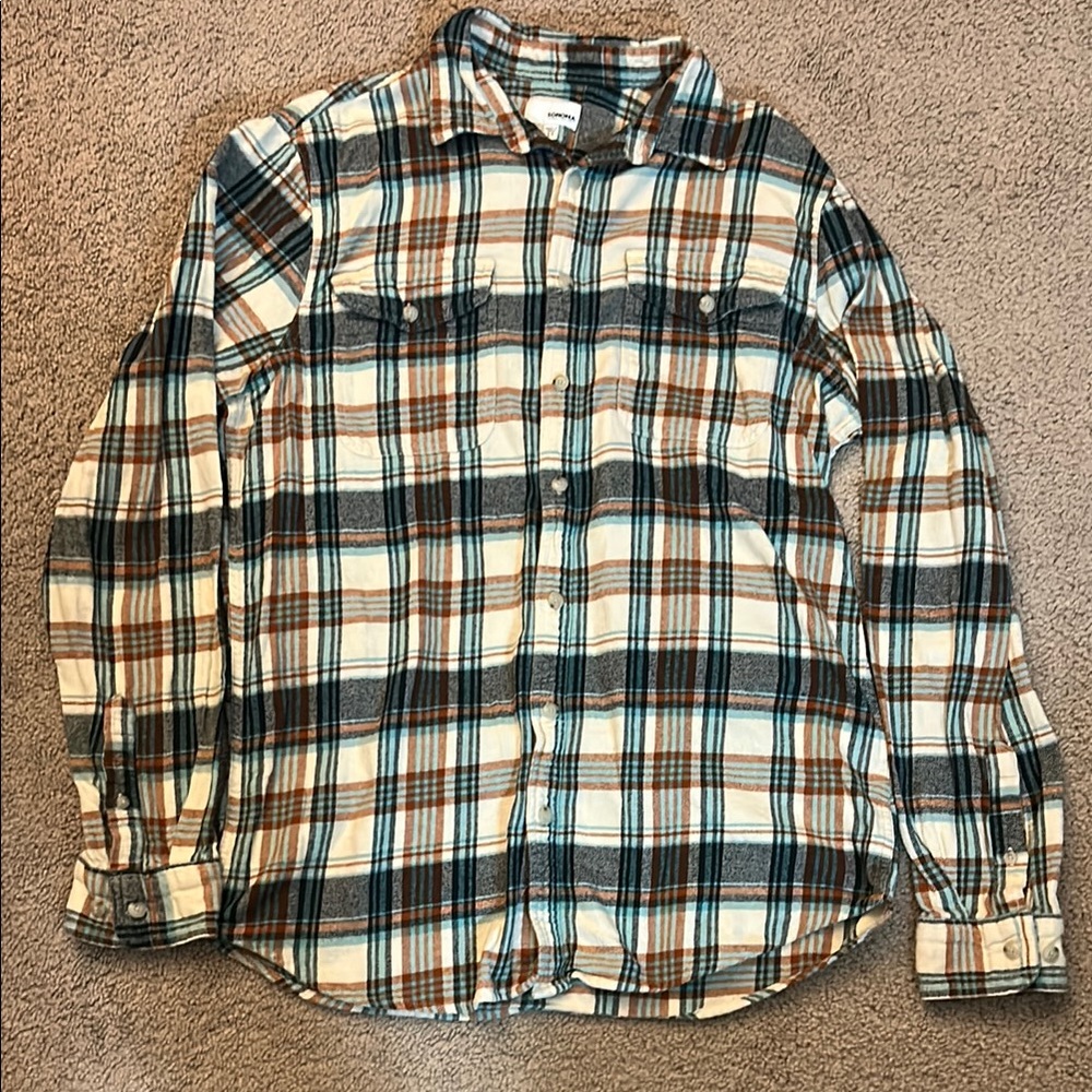Plaid Men's Shirt in Cream, Blue and Orange
